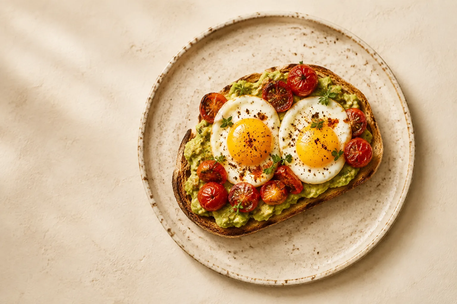 Sourdough toast with eggs, avocado and roasted tomatoes on a speckled ceramic plate.